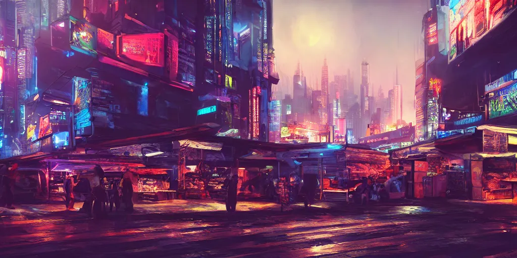 Prompt: a cyberpunk market, in night, trending on art station, hyper realistic, atmospheric, cinematic landscape, octane render, art by dylan cole, craig mullin,