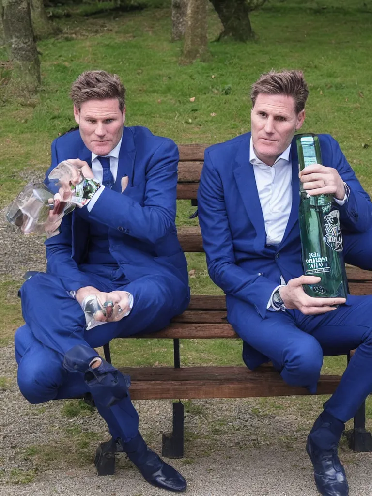 Image similar to Sir Kier Starmer in a blue suit wearing a flat cap on his head sitting on a bench alone holding a large plastic green bottle of cider, at his feet are empty cans and bottles