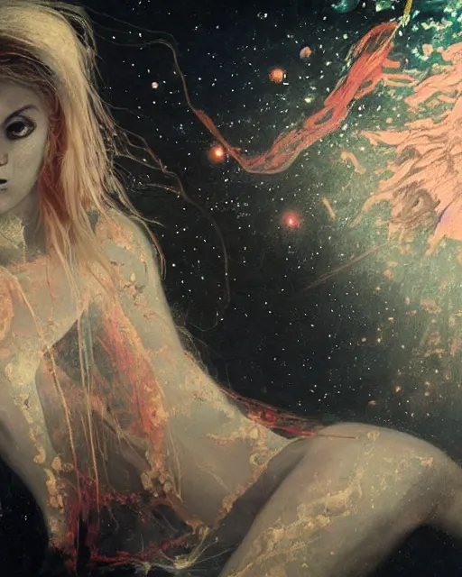 Image similar to a beautiful and eerie baroque painting of a gorgeous young woman in dead space, with wild blonde hair and haunted eyes, 1 9 7 0 s, seventies, space station, neon light showing injuries, delicate ex embellishments, painterly, offset printing technique, behind her something sinister is happening
