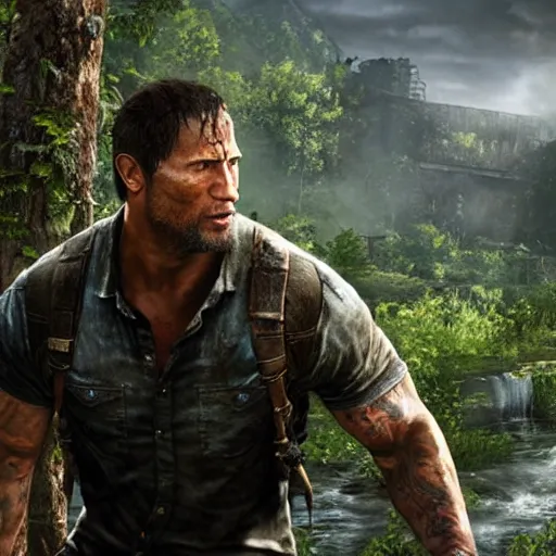 Image similar to videogame screenshot of dwayne johnson in the last of us