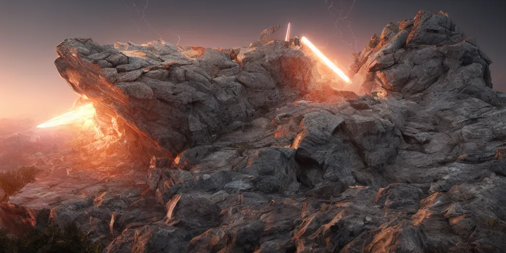 Prompt: sound shockwave hitting a high cliff made of metal, extremely detailed and dramatic digital art, unreal engine, photorealistic, 8 k