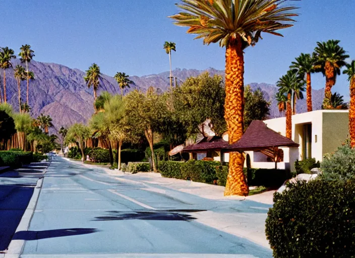 Prompt: a detailed photograph of 1 9 9 0 s palm springs neighborhood by slim aarons, mid - century modern photography, photoreal, vibrant, getty images, 4 k