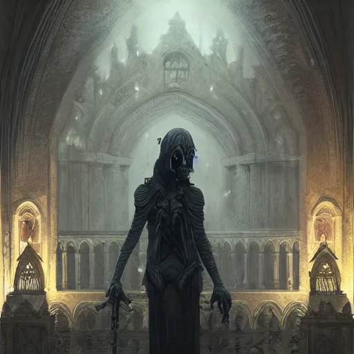 Prompt: A digital painting of a Grim Reapper, ancient catedral behind her, intricate, cinematic lighting, highly detailed, digital painting, Artstation, concept art, smooth, sharp focus, illustration, art by Tom Bagshaw, Artgerm and Greg Rutkowski