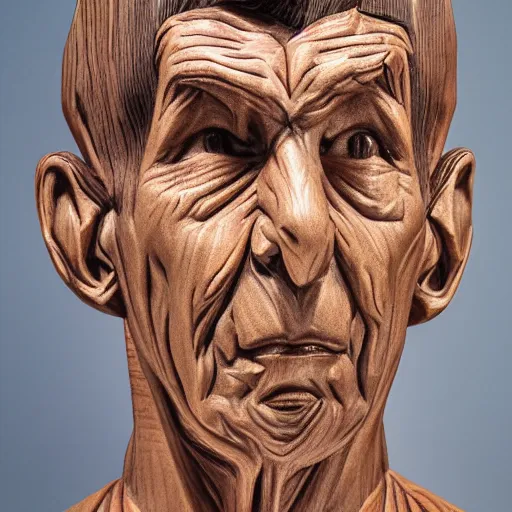 Prompt: intricate bust of mr. spock carved from wood in baroque style, studio light