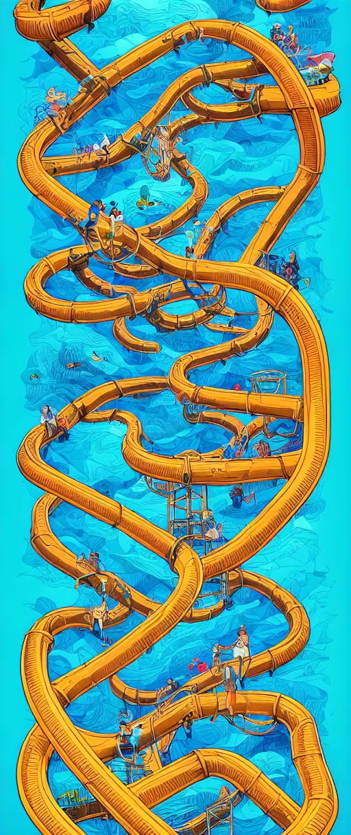 Prompt: twisted water slides, centered award winning ink pen illustration, isometric abstract illustration by dan mumford, edited by craola, technical drawing by beeple and tooth wu, tiny details by artgerm and watercolor girl, symmetrically isometrically centered