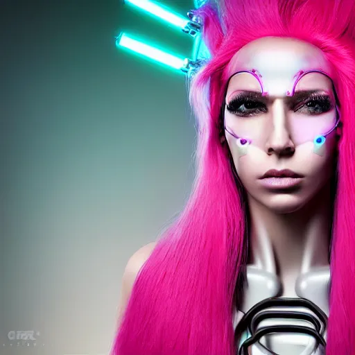 Image similar to portrait of a mexican woman with pink hair as a cyberpunk cyborg half robot, revealing wires and electronics, circuit boards, wire management, sci - fi, missing panels, intricate abstract upper body intricate artwork, concept art, octane render, deviantart, cinematic, key art, hyperrealism, iridescent accents, portrait photograph, nikon 3 5 mm, photograph by greg rutkowski