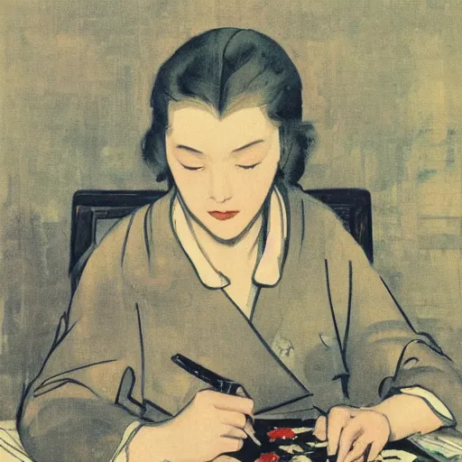 Prompt: portrait of mascha kaleko ( 1 9 4 0 ) writing poems, color hanafuda oil on canvas by ivan shishkin, james jean and yoji shinkawa