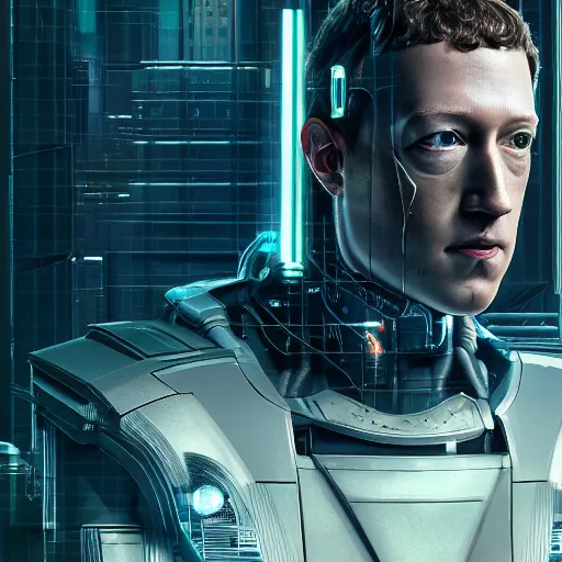 Image similar to imposing, ominous portrait of cyborg Mark Zuckerberg as a cyberpunk 2077 loading screen, symmetry, front view, intricate, studio, art by anthony macbain + greg rutkowski + alphonse mucha, concept art, 4k, sharp focus