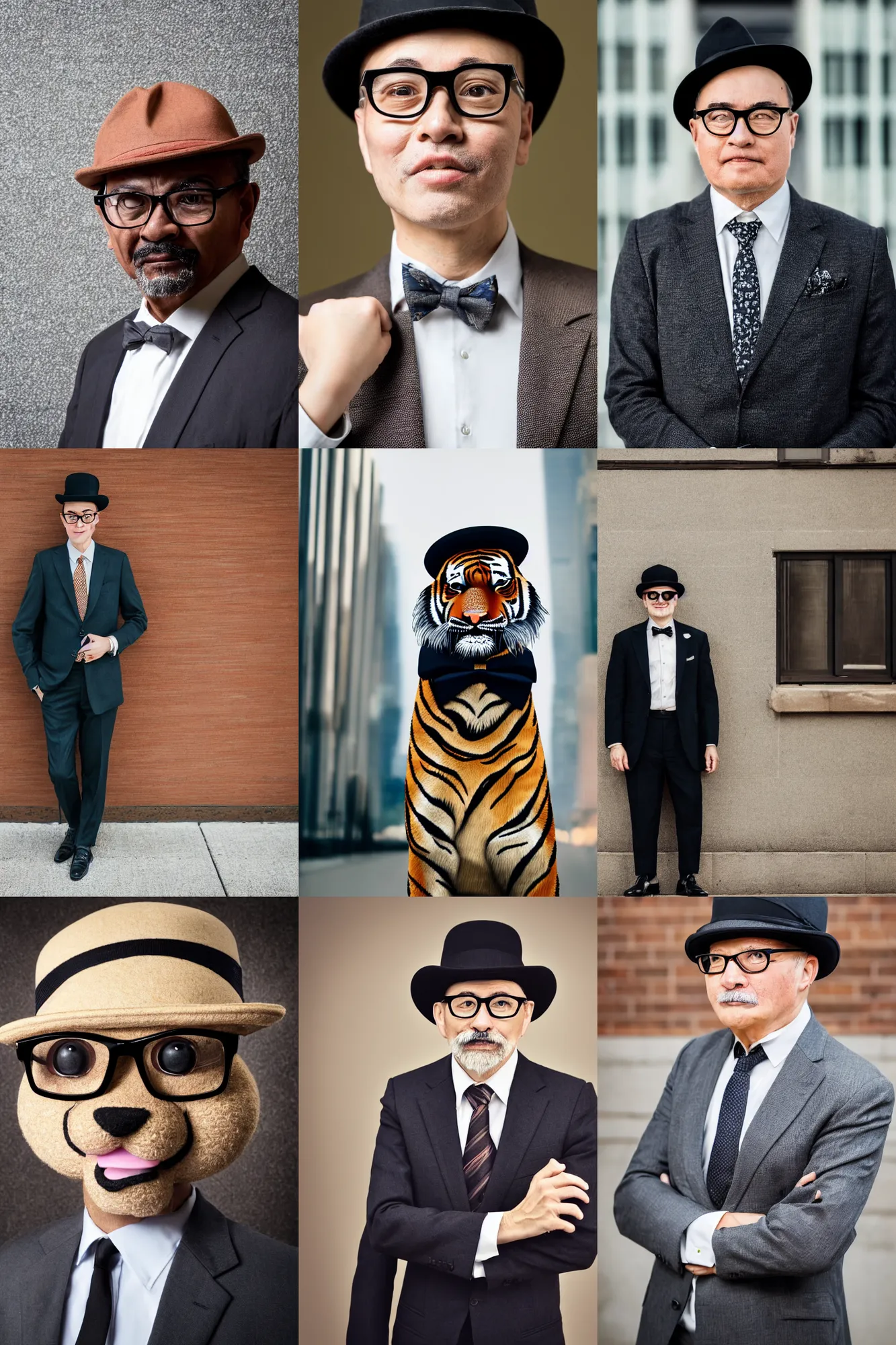 Prompt: high quality 3/4 length portrait photo of an !old tiger! wearing a business suit and tie, wearing a bowler hat, !!wearing modern glasses!!, !!!Anthropomorphic!!!, photography 4k, f1.8 bokeh, 4k, 85 mm lens, sharp eyes, looking at camera, photorealistic, trending on getty