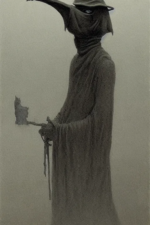 Image similar to plague doctor from iron gridle but human form, destroyed city and flames by zdzislaw beksinski