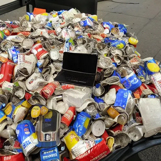 Prompt: a computer desk with screen mouse and keyboard covered and piled with discarded food and crushed soda cans and used chocolate wrappers