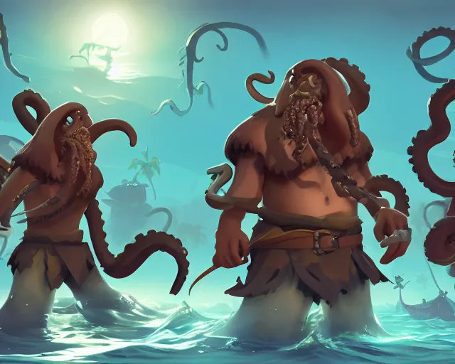 Prompt: sea of thieves concept art for a new large unreleased enemy type kraken anthropomorphic squid men humans, cgsociety, trending on artstation, rare ltd,