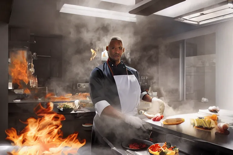Prompt: chef will smith cooking in a decadent kitchen, natural light. by Ilya kuvshinov and Jason Fabok