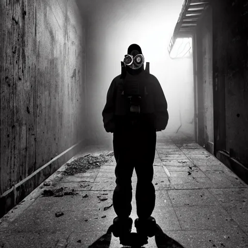 Image similar to A misterious man wearing a gas mask using a flashlight is standing on the midle of a stair alley looking in the direction of the camera :: outside, blue sky visible :: Ruined city with vegetation and trees growing all over the place in the distroyed buildings :: apocalyptic, disolate :: A long shot, low angle, dramatic backlighting, simetric photography, night time, slighty colorful :: cinematic shot, very detailed