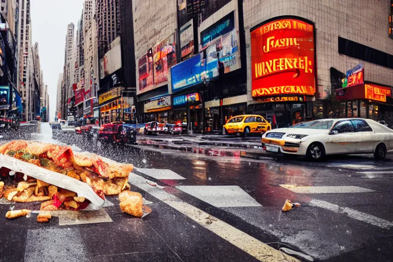 Image similar to commercial photography cinematic wide shot of fastfood falling down on the streets of new york, it's raining food