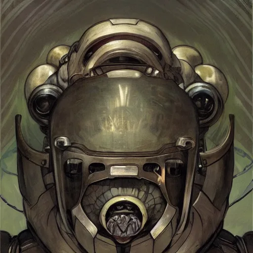 Image similar to portrait of hulking, brutish clone with vacant expression and giant isopod attached to back of neck, wearing brutalist black steel power armor and camoflauge cloak, clearly visible face, science fiction concept art by Anato Finnstark, Alphonse Mucha, and Greg Rutkowski