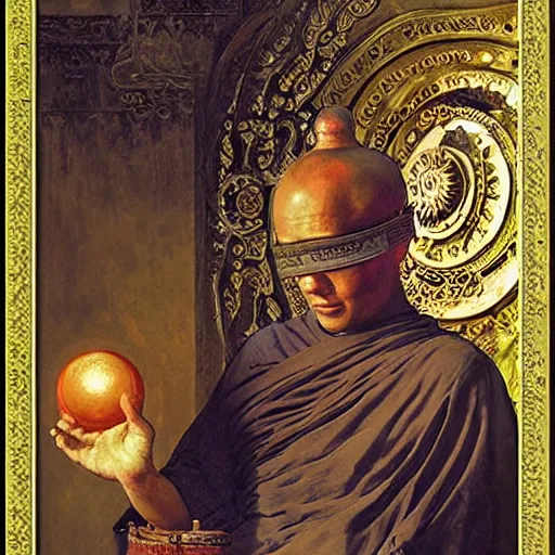 Image similar to buddhist monk blindfolded with high - teh vr steampunk headset armour baroque style, painting by gaston bussiere, craig mullins, j. c. leyendecker, lights, art by ernst haeckel, john william godward, hammershøi,