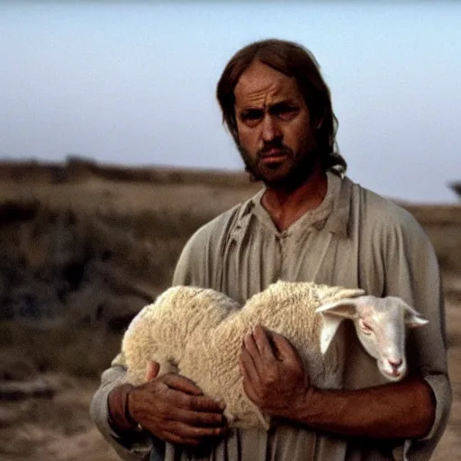 Image similar to cinematic still of man in ancient Canaanite clothing cradling a lamb, sad, anguished, somber, serious, directed by Terrence Malick