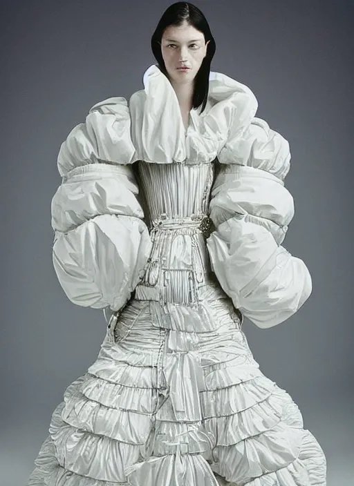 Image similar to an early 0 0's digital portrait of a beautiful girl detailed features wearing a wedding dress with a puffy skirt utility - chic trend. lots of zippers, pockets, synthetic materials, jumpsuits. by balenciaga and issey miyake by ichiro tanida and armin vit