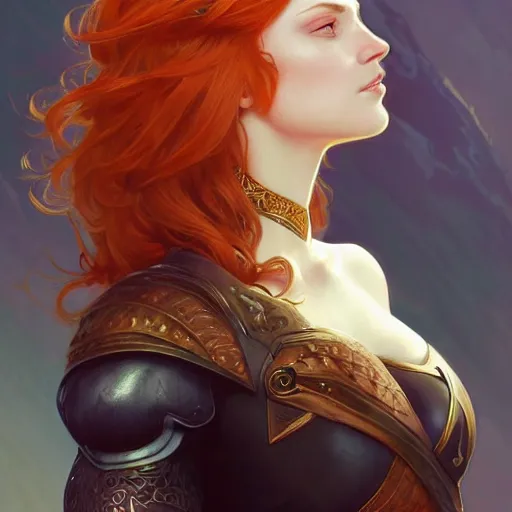 Prompt: portrait of a beautiful redhead female with a Black knight , upper body, D&D, fantasy, intricate, elegant, highly detailed, digital painting, artstation, concept art, smooth, sharp focus, illustration, art by artgerm and greg rutkowski and alphonse mucha