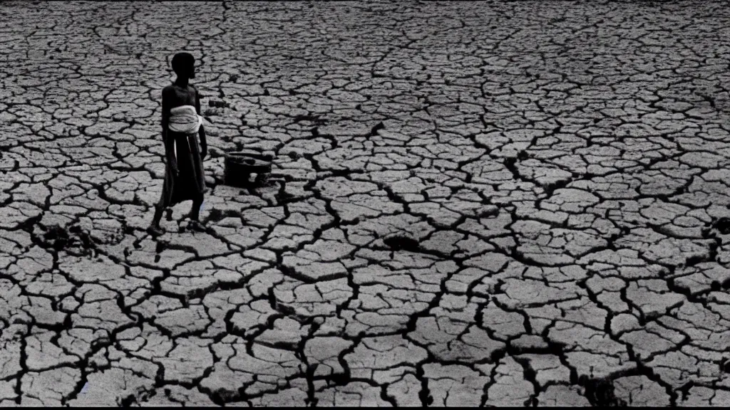 Image similar to 1984 Ethiopian biblical famine and drought, moody, dark, movie scene, hd, 4k, wide shot