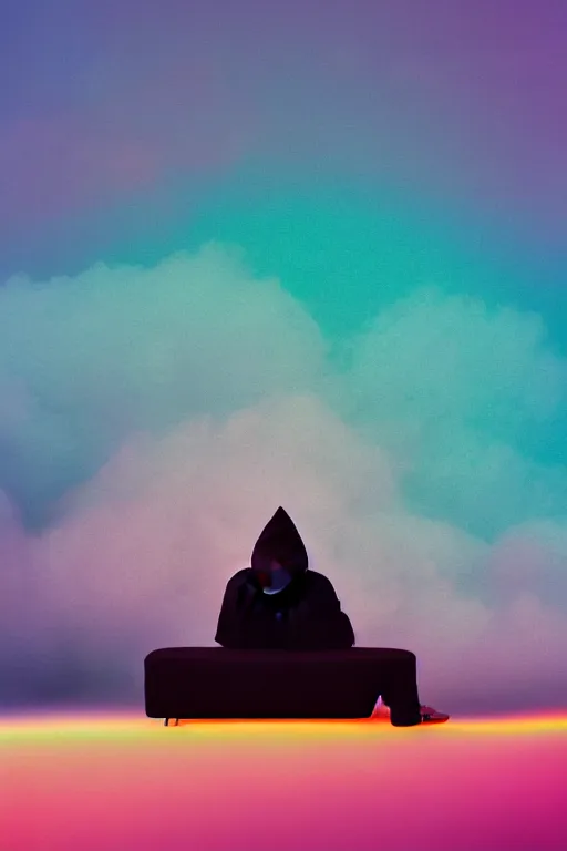 Image similar to high quality pastel coloured film photograph of a man wearing a black hoodie resting on cloud furniture clouds in a haze filled dreamstate world. three point light, rainbow. photographic production. art directed. pastel colours. volumetric clouds. pastel gradient overlay. waves glitch artefacts. 8 k. filmic.