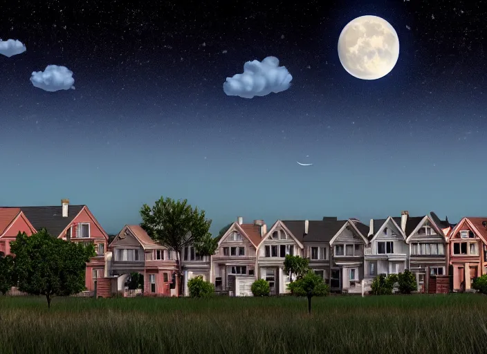 Image similar to thousands of different moons scattered across the sky. thousands of big moons, focus on the sky. thousands of houses in the city, hyperrealism, no blur, 4 k resolution, ultra detailed