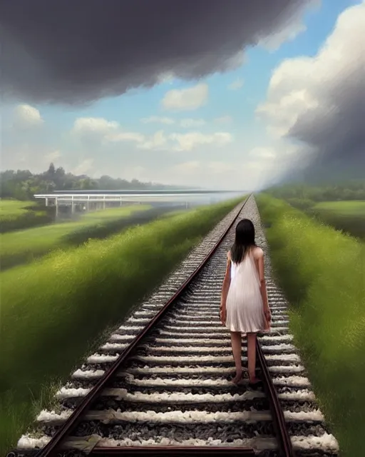 Prompt: shallow reflective water completely covers submerged train tracks as a girl walks along carrying her shoes, there is a train station in the distance, large white clouds on a wide horizon, intricate, elegant, highly detailed, digital painting, artstation, concept art, smooth, sharp focus, illustration, art by artgerm and greg rutkowski and fra angelico