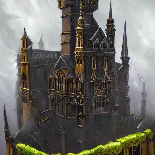 Image similar to dark and stormy eerie ornate gothic castle with lightning, extremely detailed, oil painting, 8k, trending on artstation
