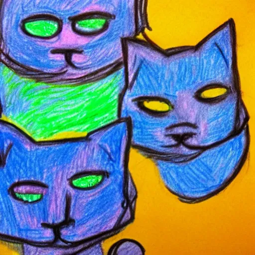 Prompt: child's drawing of two blue cats and a green dog in crayon