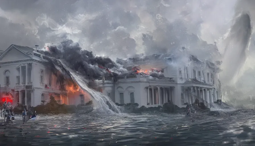 Image similar to washington dc underwater, lifeboat, rescue, damaged collapsed buildings, white house on fire, storm, fire and ashes, hyperdetailed, artstation, cgsociety, 8 k