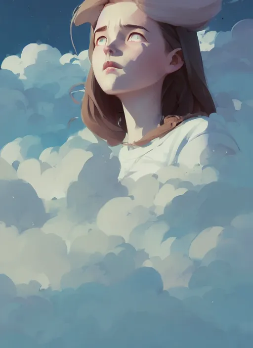 Image similar to portrait of cute maiden girl cowered, cloud sky background, by atey ghailan, by greg rutkowski, by greg tocchini, by james gilleard, by joe gb fenton, by kaethe butcher, dynamic lighting, gradient light blue, brown, blonde cream and white color in scheme, grunge aesthetic