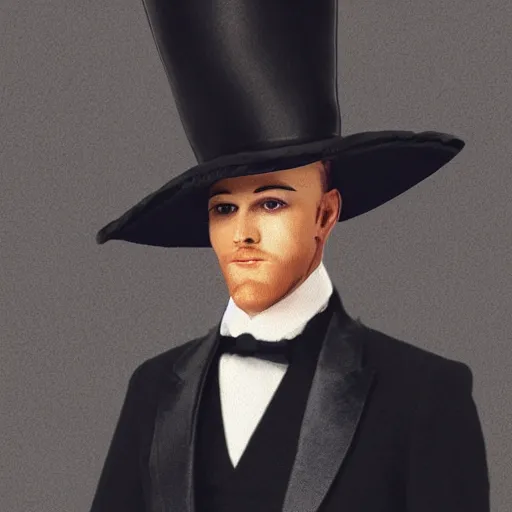 Image similar to a gentleman wearing a tall black leather hat