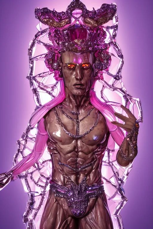 Image similar to hyper detailed ultra sharp fullbody photo of baroque and cyberpunk transparent pink gem sculpture of a muscular seductive muscular italian guido feeling muy cachondo, muy dotado, iridescent humanoid deity wearing pink plastic seethrough cloak, holding a rainbow tiger gem, blue diamond, glowing pink face, crown of white diamonds, cinematic lighting, photorealistic, octane render 8 k