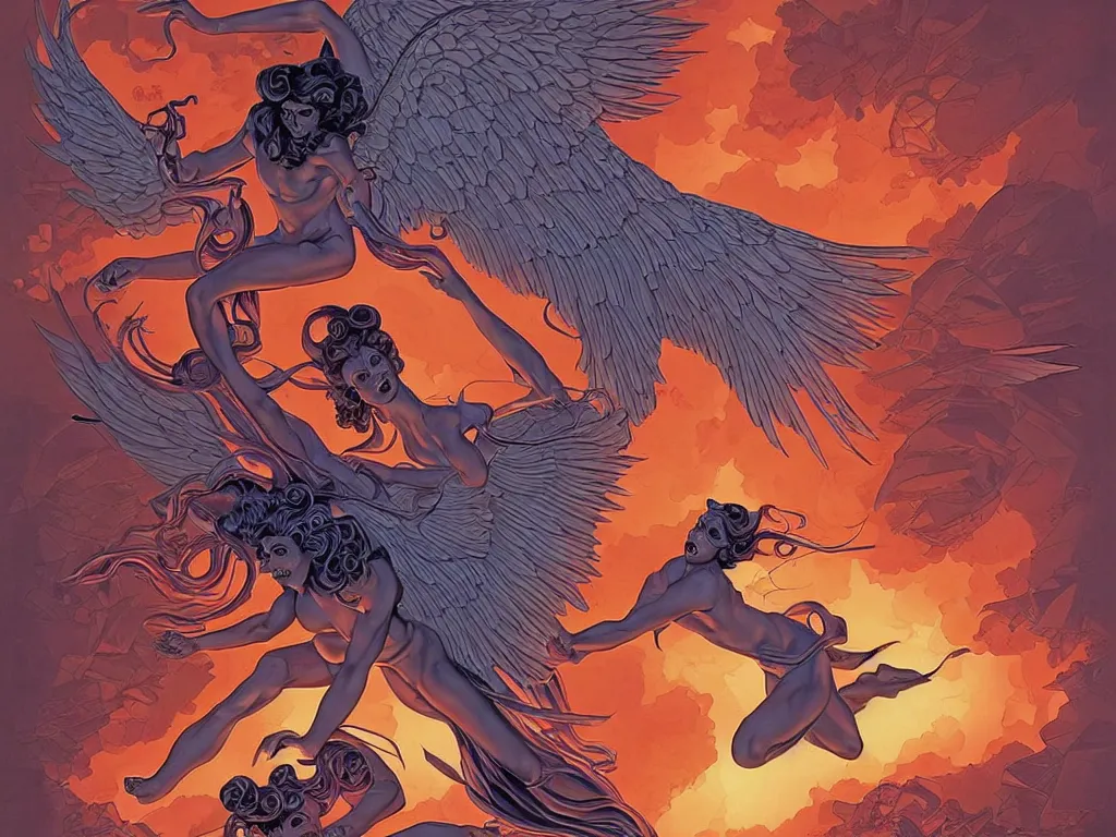 Prompt: An angel fighting a demon over lost souls in the year 2132: 1, A beautiful angel by Dan Mumford and Alberto Vargas: 0.8, A terrifying demon by Josan Gonzalez and Gil Elvgren: 0.8, black border: 0.75, vibrant: 0.75, white: 0.5, orange: 0.5