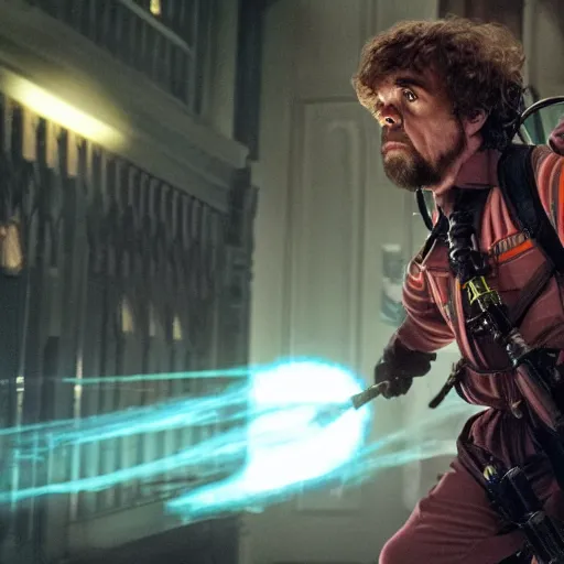 Image similar to stunning awe inspiring peter dinklage as a ghostbuster in the movie ghostbusters, movie still 8 k hdr atmospheric lighting