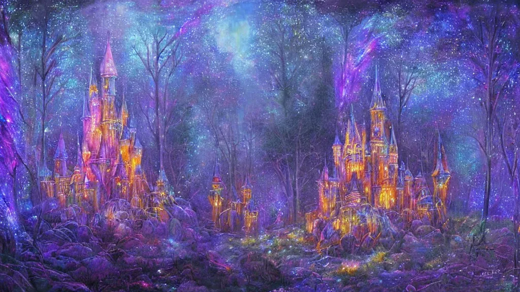 Image similar to a magical crystal castle made of light inspired by gilbert williams enveloped in trails of colorful lights around it. clean painting and auora lighting. dark blue and intense purple color palette, art by gilbert williams