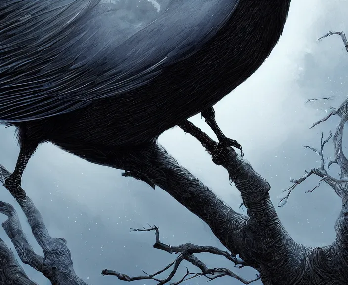 Prompt: a hyper-detailed fantasy wallpaper book cover, close-up portrait of a crow flying above a tree in front of the full big moon; an extraordinary masterpiece!!!; flawless; proud posture; photorealistic eyes; trending on artstation; f/1.4; 90mm