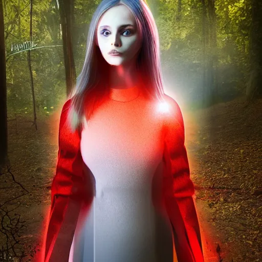 Image similar to a girl in the woods, wearing futuristic clothes, with a red bright orb shining above her, digital art, 4k detailed