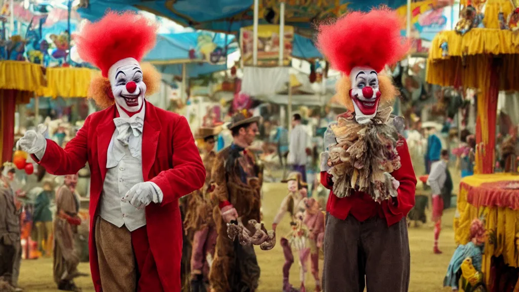 Prompt: the clown creature helps at the fair, film still from the movie directed by denis villeneuve and david cronenberg with art direction by salvador dali and dr. seuss