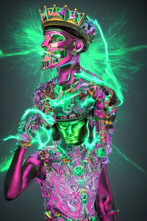 Prompt: full-body sculpture of a young handsome Spanish prince as a half android with a glowing green diamond in his chest, pink laser beams coming out of his eyes, crown of giant jewels, flowing neon-colored silk, human skull mask, geometric shapes in a cyperbunk and baroque style. intricate artwork by caravaggio. Trending on artstation, octane render, cinematic lighting from the right, photorealistic, octane render, 8k, depth of field, 3D