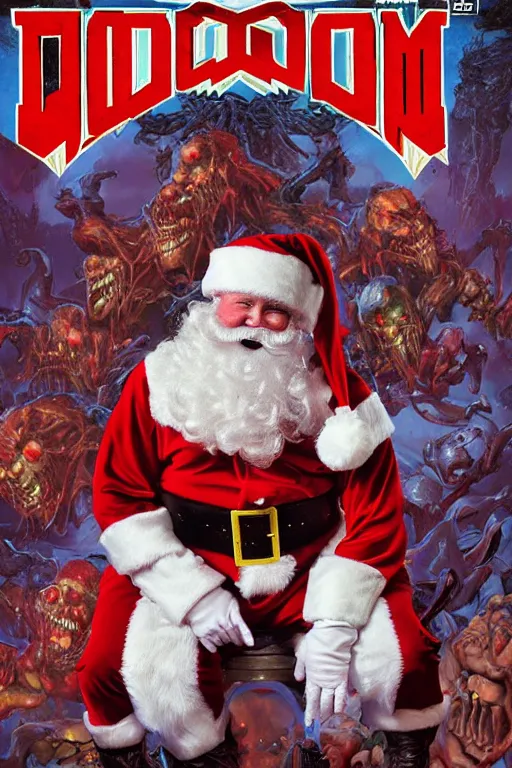 Prompt: ( doom ) cover featuring santa!! claus!! surrounded by demons by jimmy presler, gaze