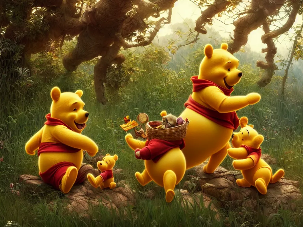 Image similar to winnie the pooh with chinese president xi jingping, cute and cuddly, highly detailed, photorealistic, octane render, 8 k, unreal engine. art by artgerm and greg rutkowski and alphonse mucha