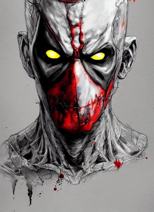 Prompt: portrait, Zombie Deadpool, watercolor, dramatic lighting, cinematic, establishing shot, extremly high detail, foto realistic, cinematic lighting, pen and ink, intricate line drawings, by Yoshitaka Amano, Ruan Jia, Kentaro Miura, Artgerm, post processed, concept art, artstation, matte painting, style by eddie mendoza, raphael lacoste, alex ross