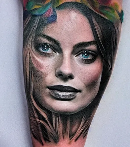 Image similar to tattoo design sketch double exposure of margot robbie blended with beautiful mountain scenery, creative mash up, in the style of arlo dicristina, surrealist, amazing detail, sharp