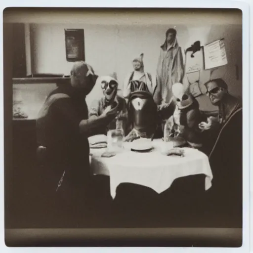 Prompt: polaroid of an alien on a table surrounded by doctors