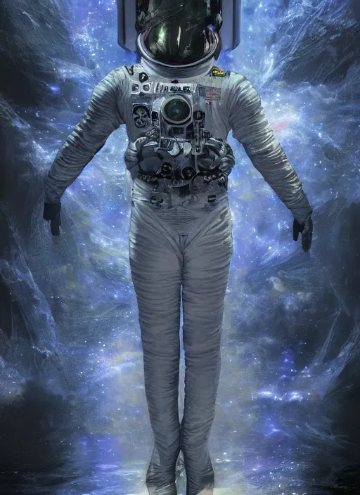 Image similar to astronaut in dark void underwater - complex and hyperdetailed technical suit design. reflection and dispersion materials. rays and dispersion of light. volumetric light. f / 3 2. noise film photo. flash photography. ultra realistic, 5 0 mm. poster by wayne barlowe, hajime sorayama aaron horkey, craig mullins