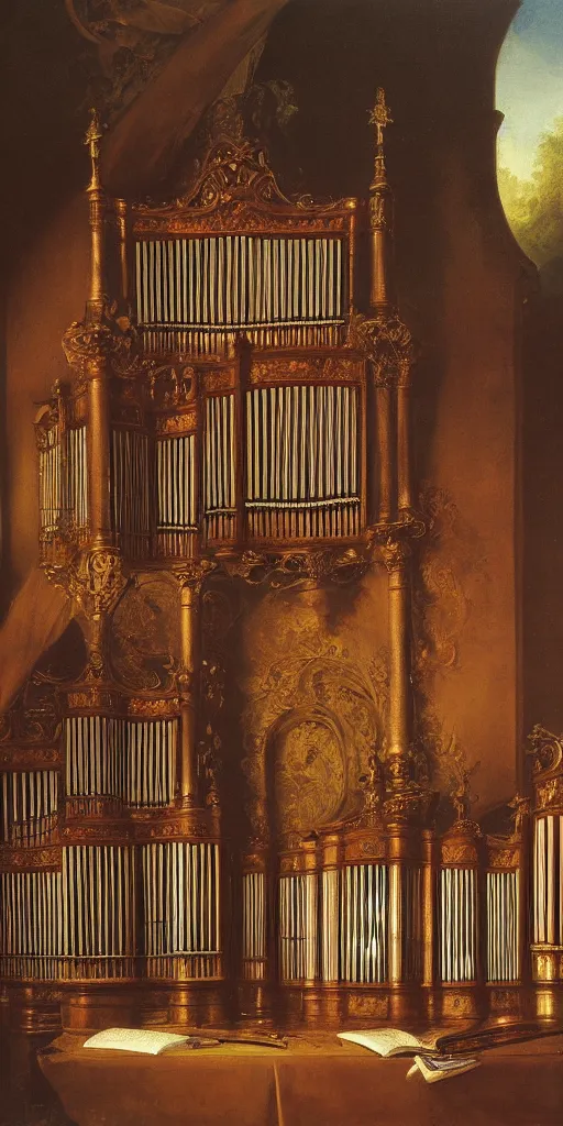 Prompt: detailed oil painting of a pipe organ by Asher Brown Durand and alan lee and goya