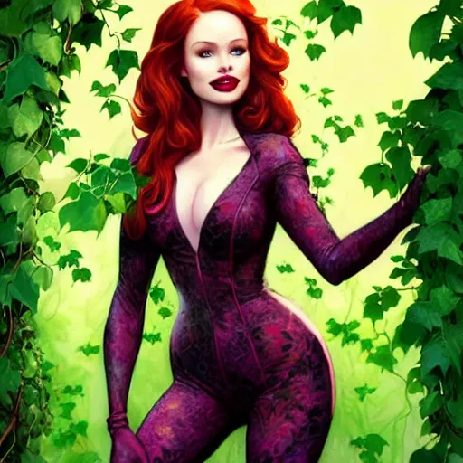 Image similar to beautiful Madelaine Petsch poison ivy DC comics, evil smile, realistic character concept, fun pose, comic book, illustration, slender symmetrical face and body, surrounded by vines and plants, artstation, cinematic lighting, hyperdetailed, high resolution, Charlie Bowater, Tom Bagshaw, single face, insanely detailed and intricate, beautiful