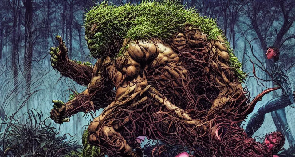 Image similar to Marvel Comics Man Thing Battles DC Comics Swamp Thing In A Misty Swamp, bats, sunset, volumetric lighting, hyperrealistic, beautiful details, HDR, octane render, action shot, wide angle, bokeh, Yasushi Niarasawa Moebius Jim Steranko Style